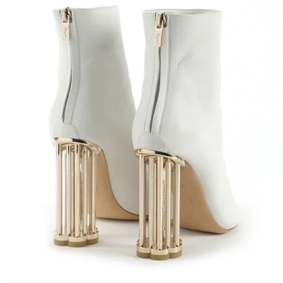 Salvatore Ferragamo “Coriano” white leather ankle boots gold cage heels - - Picture 6 of 7